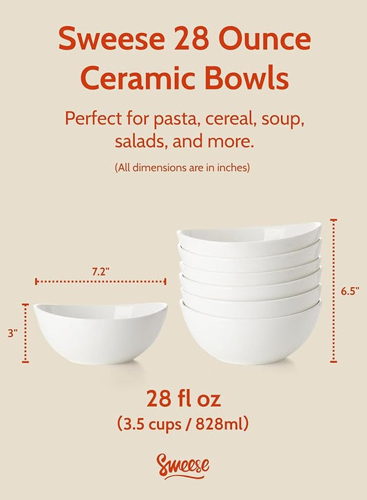 Sweese 28 oz Large White Porcelain Bowls - Set of 6 Salad, Pasta, Soup & Serving Bowls, Big Ceramic Dinner Bowls