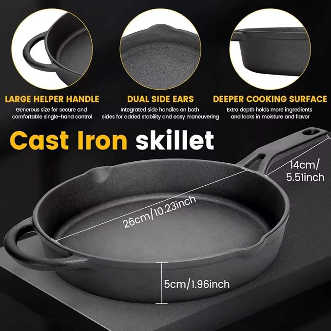 10 Inch Cast Iron Skillet, Pre-Seasoned Frying Pan with Dual Pour Spouts | Heavy Duty Cast Iron Pan for Steak, Eggs and Bacon, Works on Stovetop, Oven, Grill, Induction and Campfire, 3-Quart Capacity.