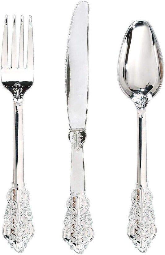 WDF 360 Pieces Silver Plastic Silverware- Disposable Flatware - Heavyweight Plastic Cutlery- Includes 120 Forks, 120 Spoons, 120 Knives for Christmas