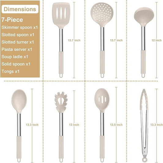 E-far Silicone Cooking Utensils Set, 7 Pcs Heat Resistant Kitchen Utensils with Stainless Steel Handle, Slotted Turner, Spoon, Soup Ladle, Pasta Server, Skimmer, Tongs for Nonstick Cookware, Khaki