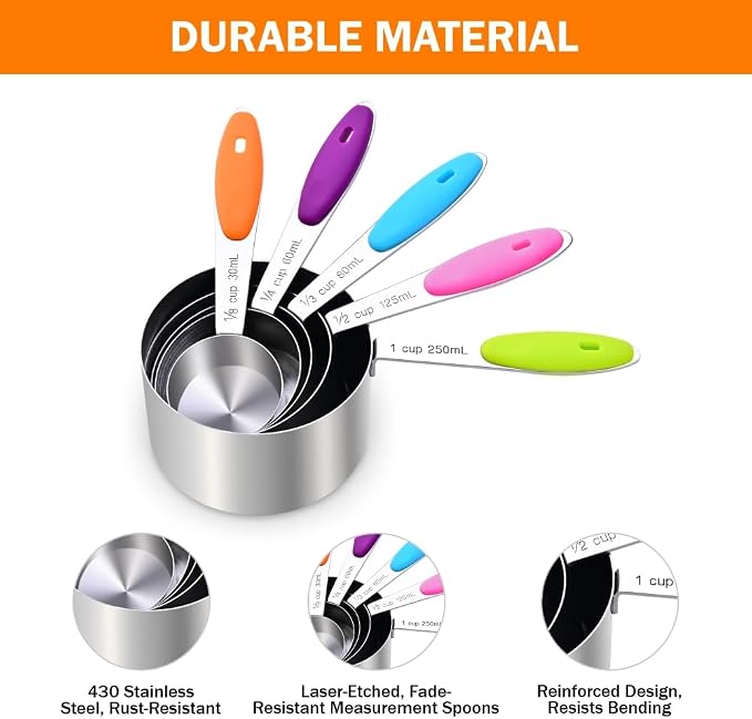 XSNBRD 13-Piece Magnetic Measuring Cups & Spoons Set | Stainless steel with silicone handles. Magnetic nesting for compact storage. Ideal for baking and cooking. Multicolor set.