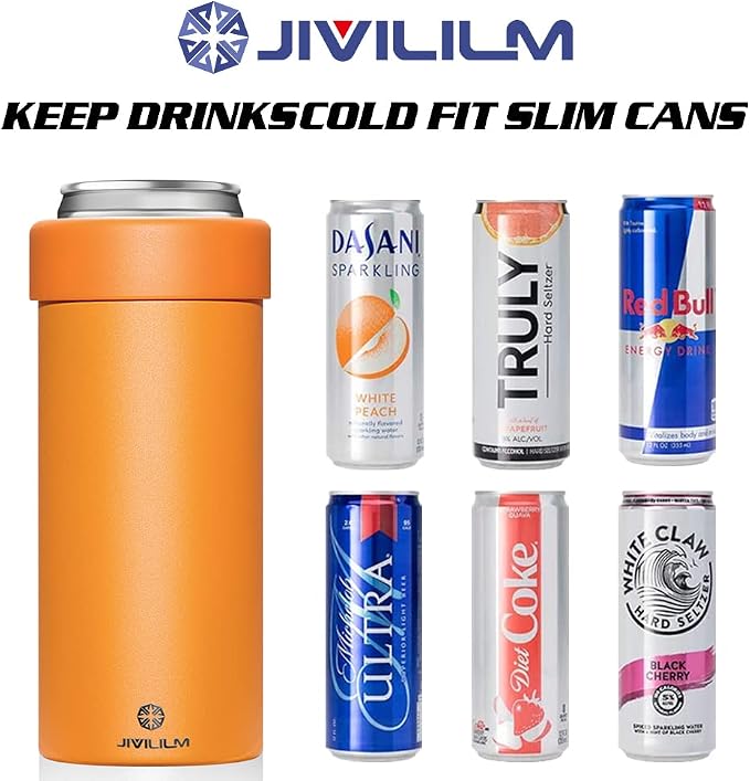 12 oz. Slim Can Cooler Insulated (Orange) | Stainless Steel 12oz. Skinny Drink Holder for Soda, Hard Seltzer, Beer and Energy Drinks