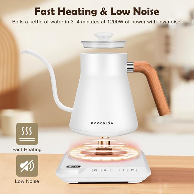ECORELAX Gooseneck Electric Kettle, ±1℉ Temperature Control Pour Over Kettle for Coffee, Tea & Water, Stainless Steel 1200 W Keep Warm OLED Display 1 L (White)