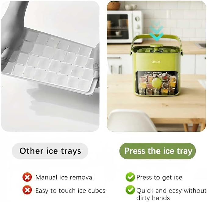 Ice Cube Maker, Ice Cube Tray with Lid and Bin, Portable Small Ice Maker, Handled Press-Type Ice Cube Trays for Freezer with Bucket Tongs for RV, Office, Mini Ice Cube Trays, BPA-Free (Green)
