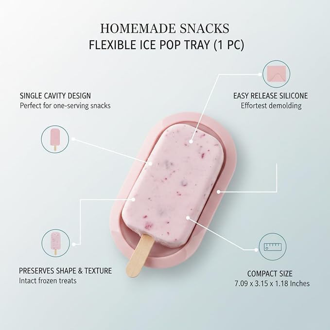 Fits Standard Freezer Drawers: Single Cavity Silicone Ice Pop Mold for Homemade Popsicles, Flexible Yellow or Pink Tray, 7.09 x 3.15 x 1.18 Inches