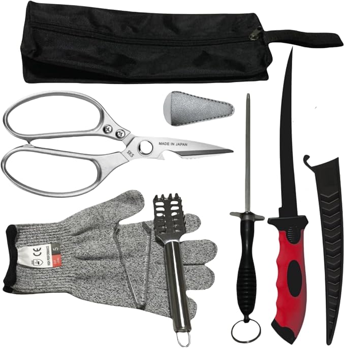 Fishing Knife Set, Fish Cleaning Kit, Filet Knife for Fish, Fish Scale Cleaning Brush, Multi-Functional Scissors, Gloves, Fishbone Tweezers, Storage Bag,Fishing Accessories,Fishing Tool Kit