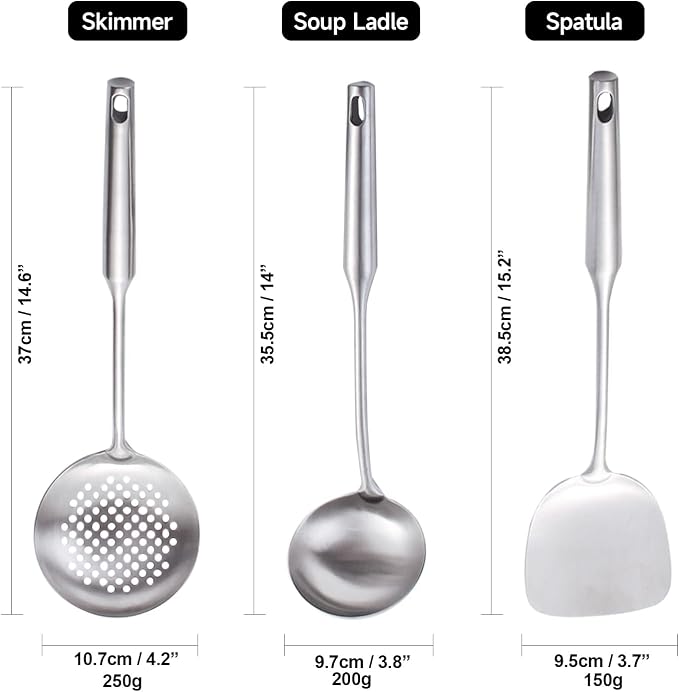 Wok Utensils for Carbon Steel, Stainless Steel Wok Spatula, Wok Tools Professional Set, 3-Pieces Food-Grade 304 Stainless Steel Cooking Utensils All Metal, Dishwasher Safe