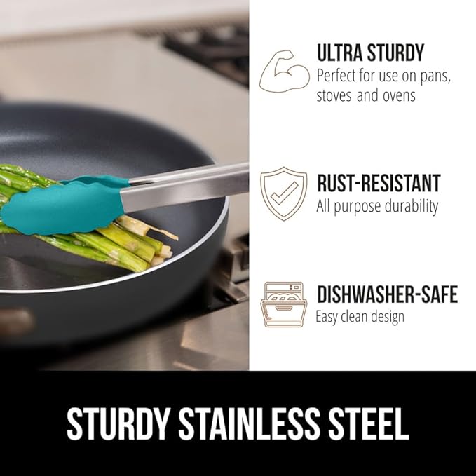 GORILLA GRIP Stainless Steel Heat Resistant Kitchen Tongs for Cooking, 9 + 12 Inch, Set of 2 BBQ Tong, Non Scratch Silicone Tip for Pan, Strong Grip, Grab Food, Salad, Air Fryer, Pull Lock, Turquoise