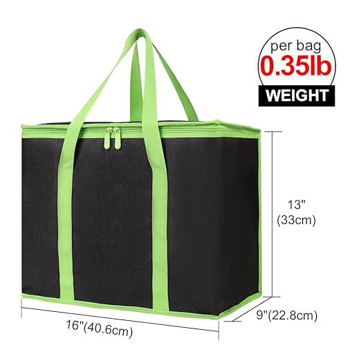 Bodaon 2-Pack Insulated Reusable Grocery Shopping Bags, X-Large Black-Green | Cooler Bag Top Cold/Warmer, Heavy Duty Insulated Pizza/Food Delivery Bag, For Commercial Catering Rideshare Driver, Picnic