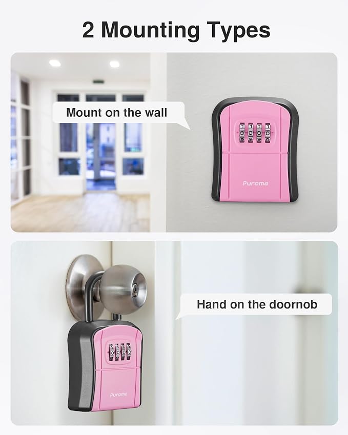 Puroma Key Lock Box Outdoor 4 Digit Code Combination Lockbox House, 1 Pink | For Contractors Guest Realtor Storage Keys, Portable, Home Wall Mount, Resettable, Combination, Weatherproof, High-capacity