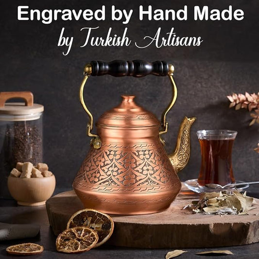 Vintage 100% Solid Pure Copper Turkish TeaPot Tea Kettle Pot for Stovetop Stove Top Traditional Decorative Fancy Arabic Moroccan Party Serving Kitchen Antique Handmade Unique Style Gooseneck Gift