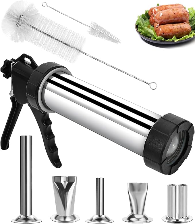 Jerky Gun for Ground Meat, 1.5LB Beef Jerky Gun Kit with 5 Stainless Steel Nozzles & 2 Brushes, Professional Jerky Shooter Sausage Stuffer, Easy Clean Jerky Gun Kits for Homemade Snacks