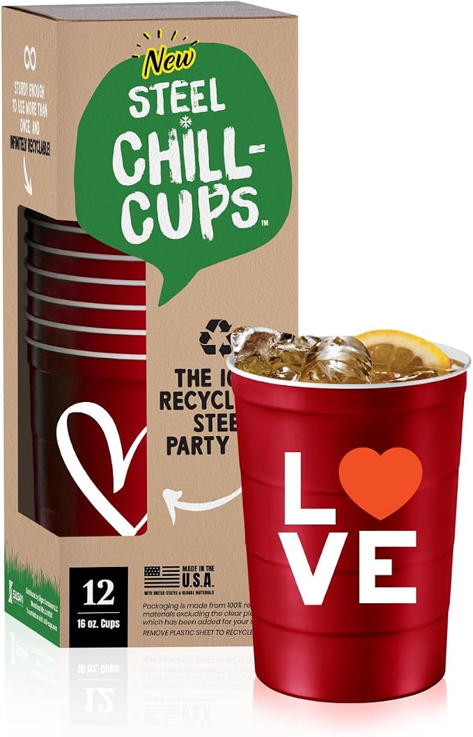 Steel Chill Cups 16 oz. Reusable Party Cups, Love & Heart Design, 12 Count | Made in USA from Steel these durable cups chill fast & keep your drink cold for longer, 100% recyclable for sustainablity