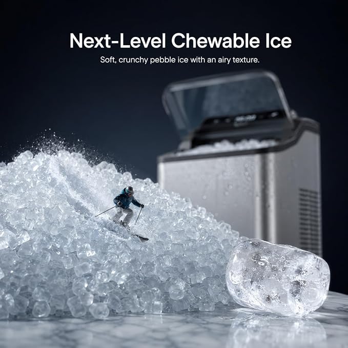 Typhur Fast Nugget Ice Maker, 35lbs/24H Pebble Chewable Ice Machine Countertop, Powerful Self-Cleaning Pump with 8-Pack Cleaner, Stainless Steel, Dual Ice Scoops for Camping, Home, RV