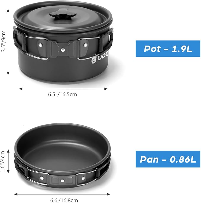 Odoland 15pcs Camping Cookware Mess Kit, 1.9L Pot, for Camping, Backpacking | Anodized aluminum, for hiking, outdoor cooking and picnic, 1.9L pot 0.8L kettle 0.86L pan mess kit, little compact pot set