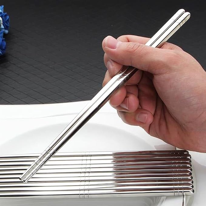Stainless Steel Chopsticks Set, 5 Pairs, Square Non-Roll, Non-Slip Tips | Length 8.86 in each, Mirror polished silver finish, For noodles dumplings sushi rice hot pot, No case or stand