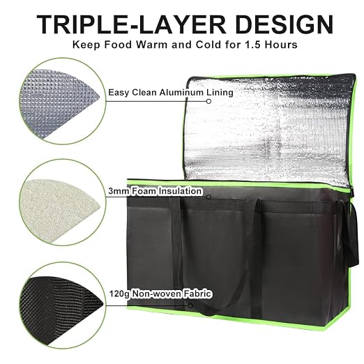 1-Pack Insulated Food Delivery Bag, XXX-Large Commercial Food Warmer for Delivery Drivers, Insulated Reusable Grocery Cooler/Hot Bags, Tote Bag for Shopping/Travel, Black with Green Edge