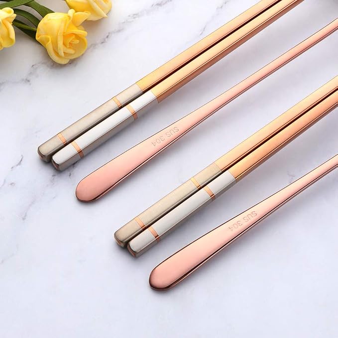 Buyer Star 4 Set Rose Gold Square Chopsticks and Spoons Set Metal Stainless Steel Spoons Chopsticks Set