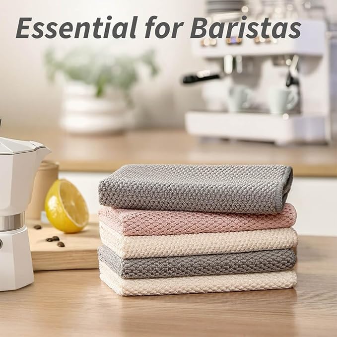 Barista Towel, Microfiber Cleaning Cloths, Espresso Machine Accessories for Coffee Bar, Steam Wand, Countertop, Milk Frother, Coffee Bar Accessories, 12”x12”, 6 Pack, Grey