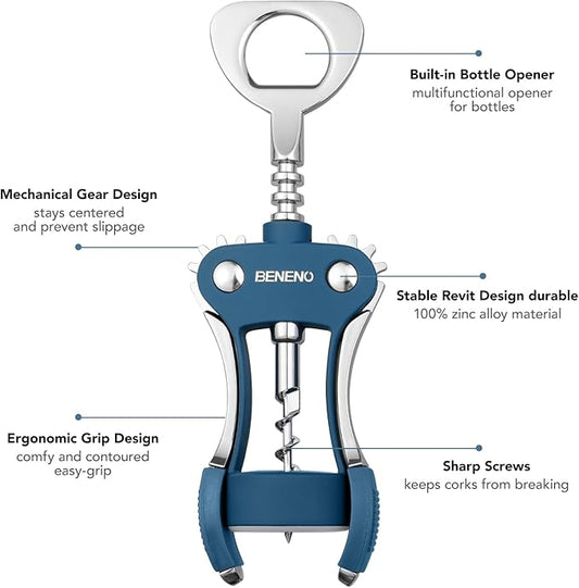 Beneno Wine Opener, Zinc Alloy Premium Wing Corkscrew with Multifunctional Bottles Opener, Sharp Wine Corkscrew with Ergonomic Non-Slip Wing Handle, Blue