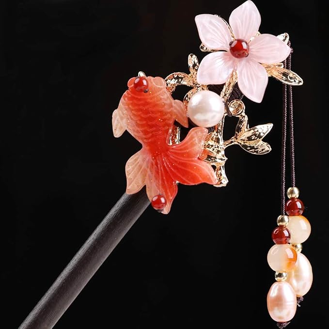Wooden Hair Pins 7.08" Chinese Goldfish Flower Hair Sticks For Long Hair Buns for Women