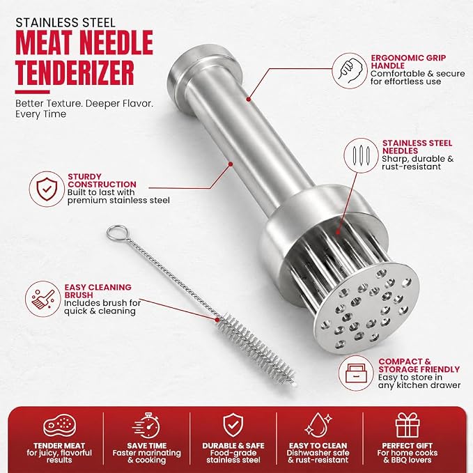 Stainless Steel Meat Tenderizer Tool with 21 Sharp Needles – Blade Tenderizer for Chicken, Beef, Steak – Heavy Duty Meat Pounder Hammer, Easy Grip Kitchen Gadget for Cooking & Chef Tools