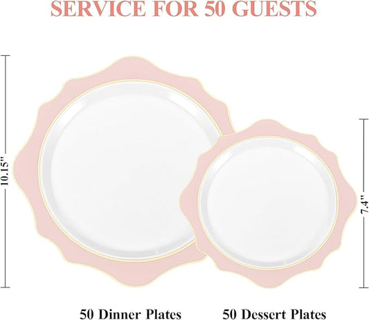 100 PCS White and Pink Disposable Plates for 50 Guests, Scalloped Plastic Plates Include 50 Dinner Plates and 50 Dessert Plates for Party, Wedding and Graduation