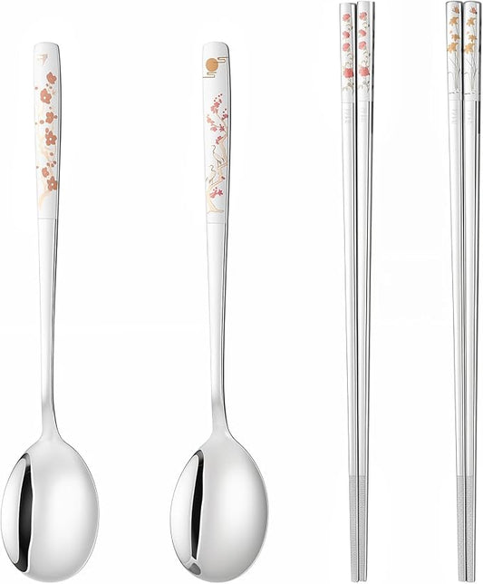Korean Chopsticks and Spoon Set, Korean Long Handle Stainless Steel KoreanUtensil Sets Dishwasher Safe Metal KoreanDinnerware Set (Set of 2)