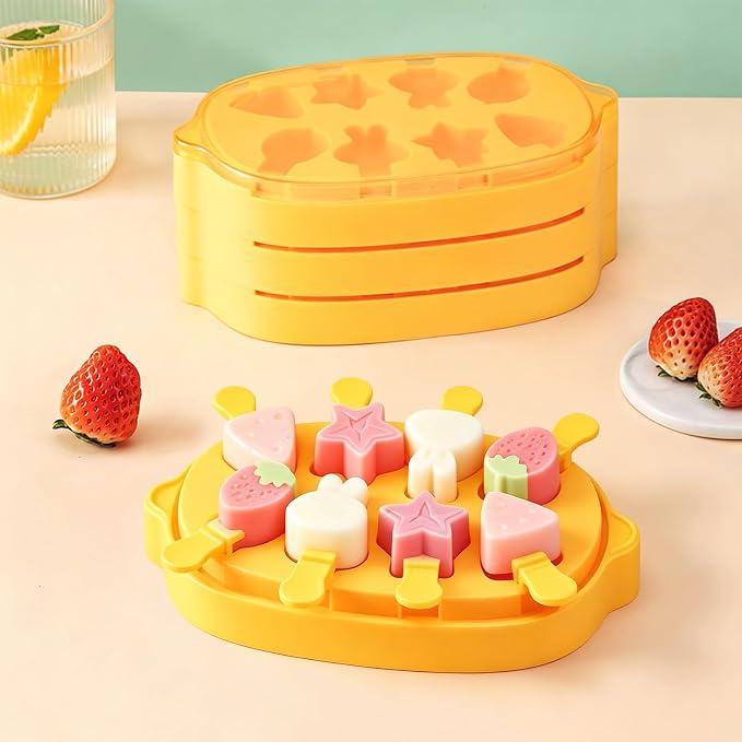 Silicone Popsicle Mold, Cute Dinosaur Popsicle Silicone Molds with 8 Sticks, Reusable Small Mini Ice Popsicle Molds Set, Easy to Clean and Dishwasher Safe (B-Yellow)