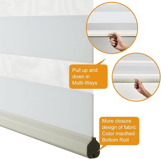 Persilux Cordless Zebra Blinds for Indoor Windows, Free-Stop Zebra Blinds Cordless, Light Filtering Sheer Shades Dual Layer for Day and Night, Zebra Roller Shades for Home (36.5" W X 47" H, White)