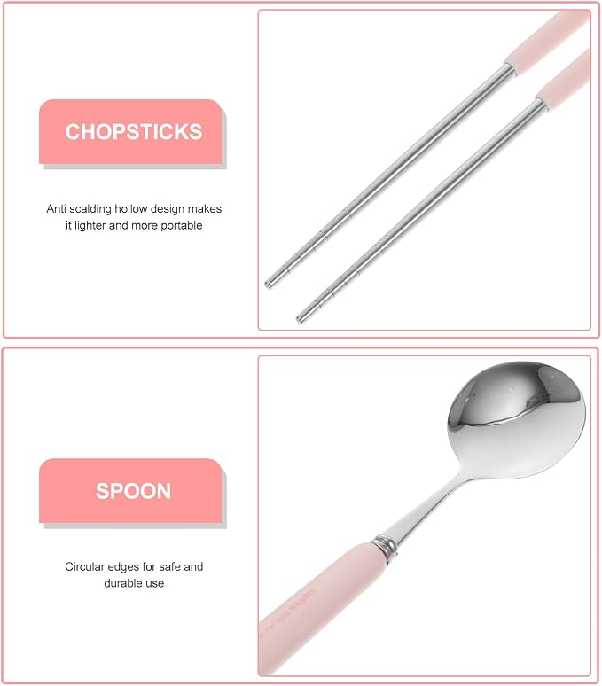 4 PCS Travel Utensils with Case, Portable Stainless Steel Reusable Cutlery Set for Lunch Box, Includes Spoon Fork Chopsticks, Small Pink Cartoon Flatware for Students, Kids School, Office, H