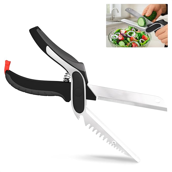 6 in 1 Cutting Board Scissors for Food, Spring-Assist, Non-Slip | Dishwasher Safe Kitchen Scissors with Cutting Board; Built-In Meat Tenderizer and Safety Lock for Meat, Fish and Vegetables