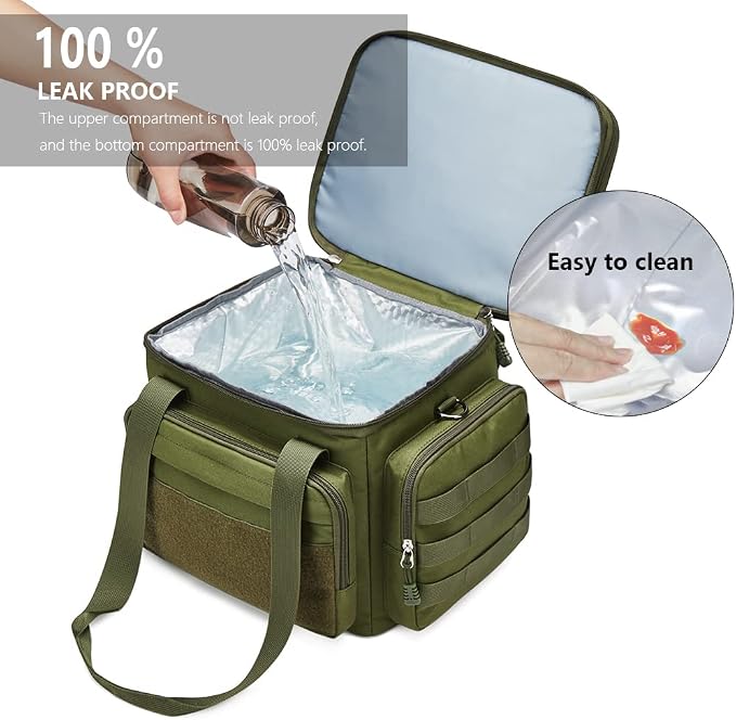 Gafetrey Large Tactical Lunch Box for Men, Insulated Lunch Bag Adult, Thermal Lunchbox Leakproof Waterproof Cooler Bag, Dual Compartment Lunch tote, Large Lunch Pail for Office Camping (Green)24L