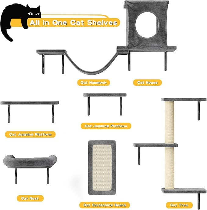 Cat Wall Shelves, 6-in-1 Cat Wall Furniture Set for Large Cats, Cat Climbing Wall Systems with Perch Bed, Condo, Bridge Ladder, Steps, Scratching Post, Dark Gray
