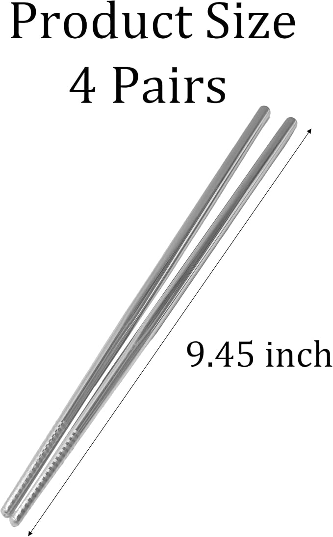 4 Pairs Extra Long 9.45 Inch Stainless Steel Cooking Chopsticks, Reusable Metal Chopsticks with Non-Slip Threaded Design for Hot Pot, Frying, Noodle, Barbecue, Dishwasher Safe, Silver