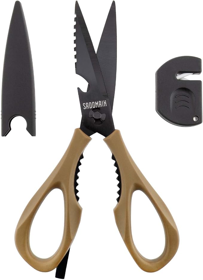 Kitchen Scissors All Purpose, Extra Sharp Kitchen Shears with Knife Sharpener & Sheath, Solid & Durable Stainless Steel Scissors with ANTI-RUST Black Titanium Plated, Dishwasher Safe – Brown