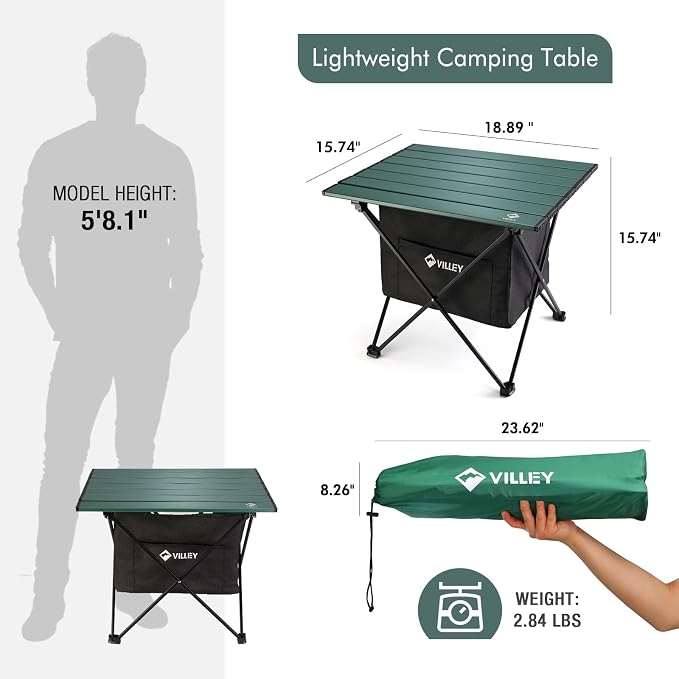VILLEY Portable Camping Side Table, Ultralight Aluminum Folding Beach Table | Lightweight & Portable, Under-Table Storage Hammock, Carry Bag for Camping, Beach, Picnic, Boat & Travel