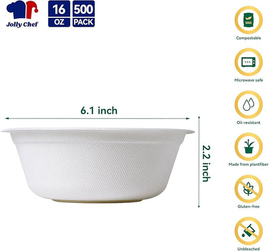 JOLLY CHEF Compostable Disposable Paper Bowl [16 oz] Heavy Duty Soup Containers [500 Pack] Biodegradable Bagasse Hot Cold Food Eco-Friendly Sugarcane Microwavable Bowls for Salad Milk Thanksgiving Day
