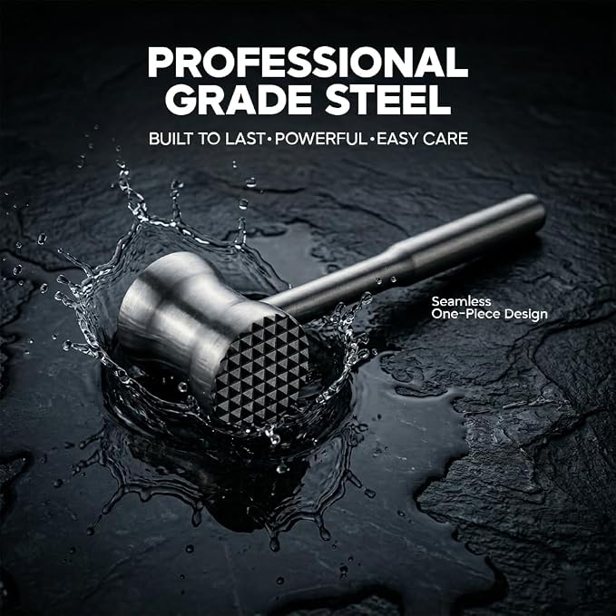 304 Stainless Steel Tenderizer Mallet Dual-Sided Hammer, Heavy Duty Pounder Tool for Steak, Beef & Chicken Cutlets, Textured Grip Kitchen Mallet, Dishwasher Safe Beater for Cooking