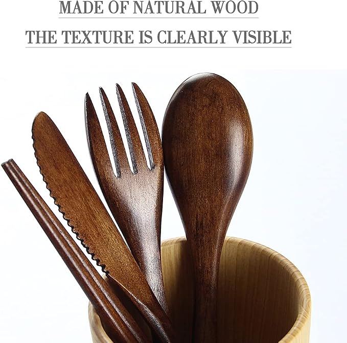 Portable Wooden Cutlery Set for Travel and Camping - 4 Piece Set With Reusable Wooden Spoon, Fork, Knife and Chopsticks