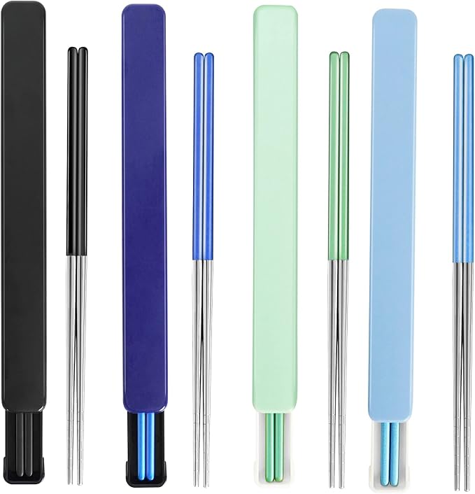 Chopsticks with Travel Case,Ultralight and Reusable for Camping 9'' 4PC | Portable,SUS304 Stainless Steel, with Case,Black Blue Green Light Blue, For Travel, Bento Box, Alternative to Wooden