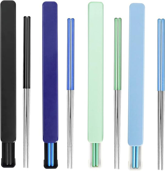 Chopsticks with Travel Case,Ultralight and Reusable for Camping 9'' 4PC | Portable,SUS304 Stainless Steel, with Case,Black Blue Green Light Blue, For Travel, Bento Box, Alternative to Wooden