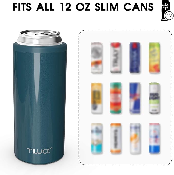 TILUCK Skinny Can Cooler, Stainless Steel Insulated Slim Cans, 12 oz | Beer & Hard Seltzer, Doucle-Walled Stainless Steel Insulated Slim Cans, Slim 12 oz(Glitter Indigo)