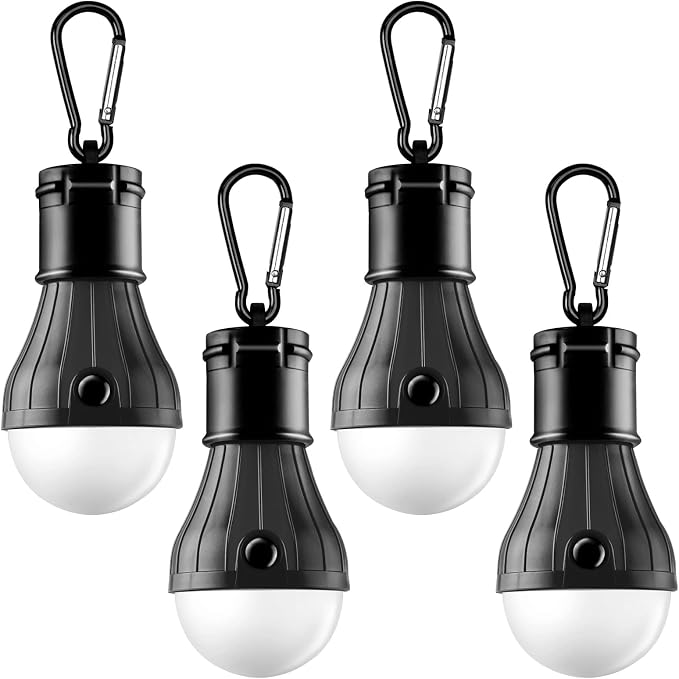 FLY2SKY 4Pcs Portable LED Camping Lights with Clip Hook Emergency Light | Battery Powered LED Tent Lights Bulbs Outdoor Camping Essentials for Hiking Backpacking Hurricane Power Outage Emergency Gear