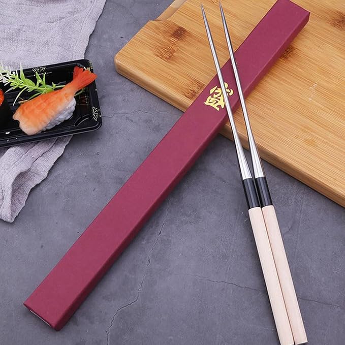 Angoily 2pcs Sashimi Long Chopsticks Stainless Steel Wooden Noodles Chopstick Japanese Cooking Frying Moribashi Sushi Korean Handle Travel Non-slip