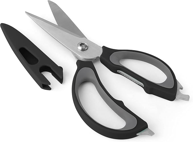 Farberware 4-in-1 Kitchen Shears with Sheath, High-Carbon Stainless Steel Scissors with Bottle Opener, Jar Opener and Screwdriver, Grey and Black Ergonomic Handle