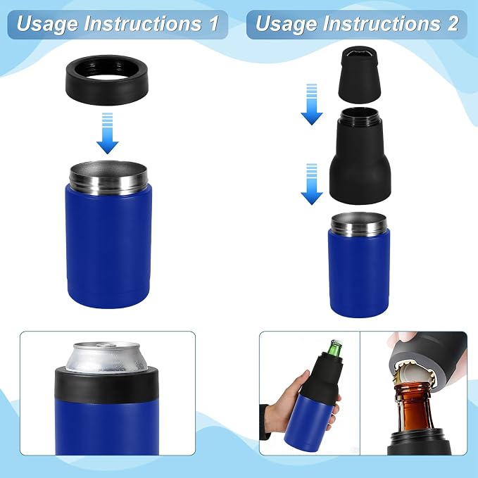 12oz Universal Beer Bottle Holder Double Walled SS Beer Can Cooler | 3 in 1 Can Koozie with Beer Opener Vacuum Insulated - fit Fishing, Camping Outdoor Activities(Royal Blue)