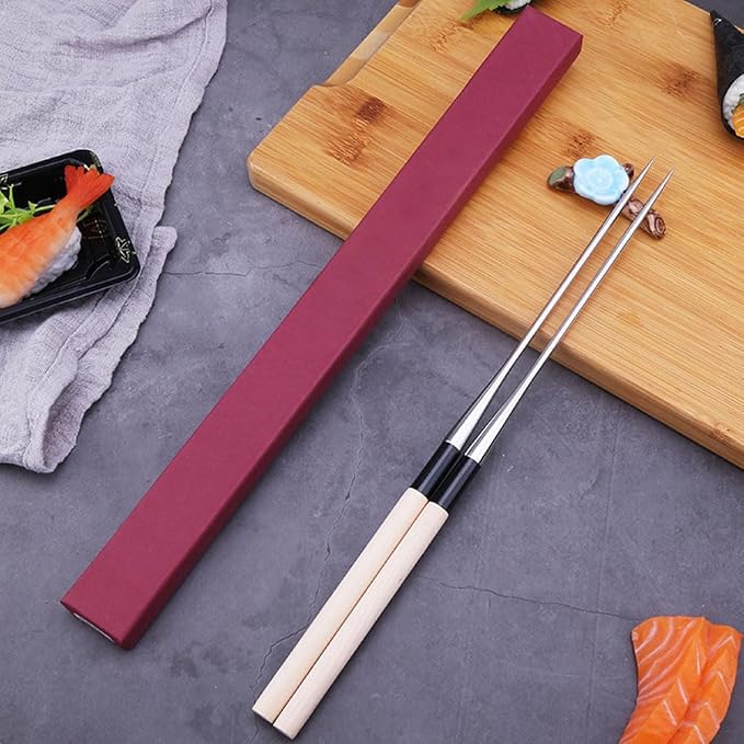 Angoily 2pcs Sashimi Long Chopsticks Stainless Steel Wooden Noodles Chopstick Japanese Cooking Frying Moribashi Sushi Korean Handle Travel Non-slip