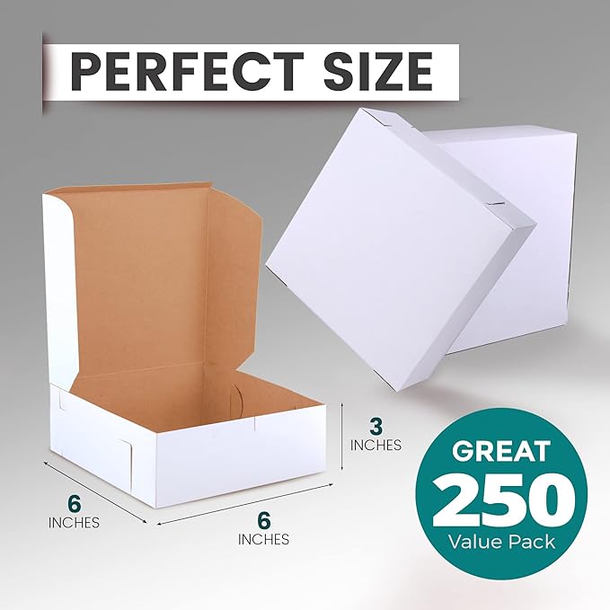 Fit Meal Prep 250 Pack White Bakery Boxes, 6 x 6 x 3 Inches Kraft Lined Pastry Boxes for Cupcakes, Chocolates, Donuts & Macarons