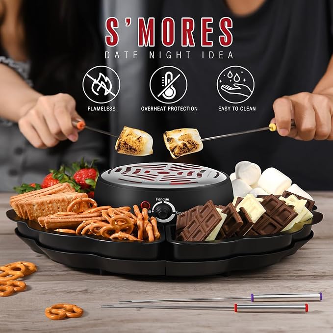 Electric S'mores Maker and Chocolate Fondue Set, Flameless Marshmallow Roaster with Adjustable Temperature, Stainless Steel Grill, Serving Tray and Roasting Forks